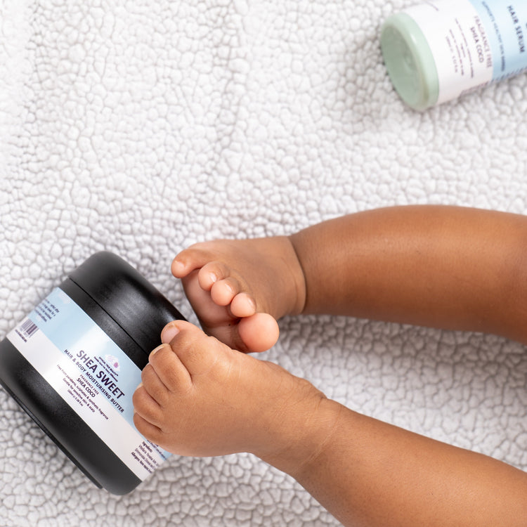 Baby Toes on Shea Sweet Butter on a white blanket