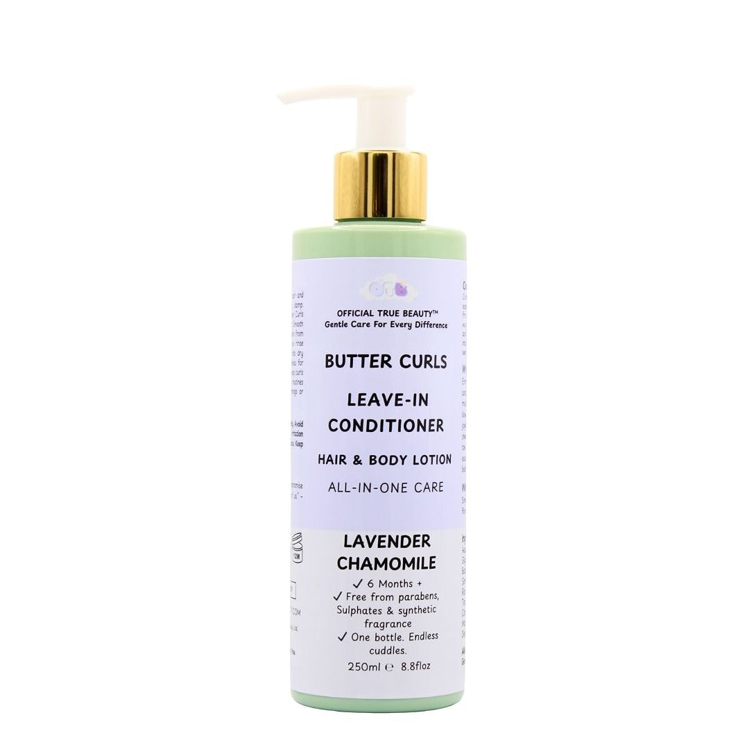 Official True Beauty Butter Curls Leave-In Conditioner & Hair and Body Lotion, Lavender Chamomile scent, 250ml pump bottle.