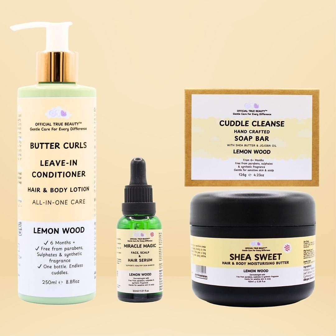 lemon wood Collection of hair care products including a leave-in conditioner butter curls, 30ml miracle magic serum and 150ml shea sweet moisturising butter and cuddle cleanse on a yellow background.