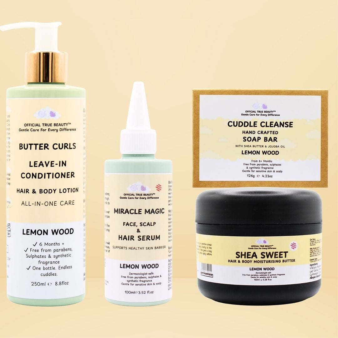lemon wood Collection of hair care products including a leave-in conditioner butter curls, 100ml miracle magic serum, and 150ml shea sweet moisturising butter and cuddle cleanse on a yellow background.