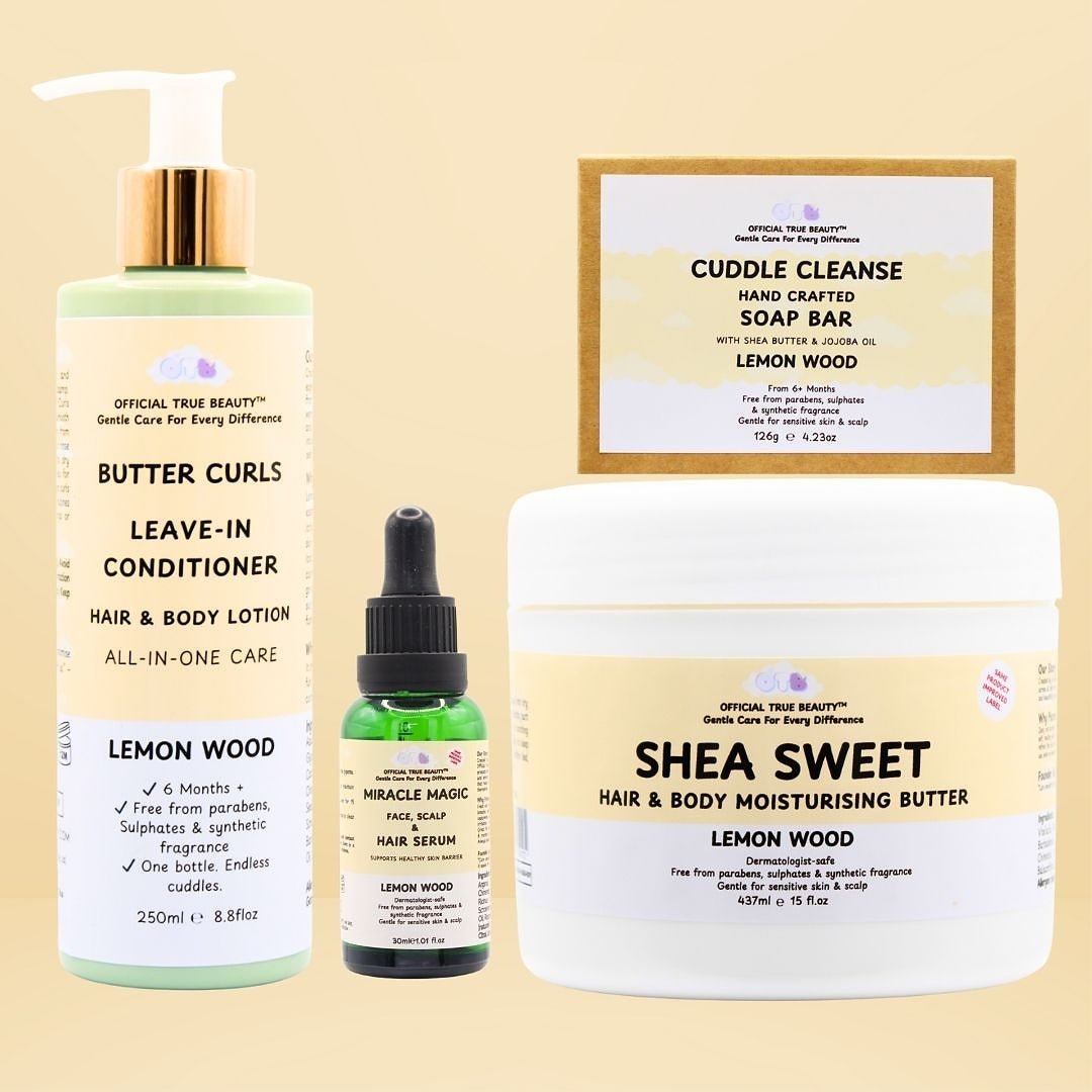 lemon wood Collection of hair care products including a leave-in conditioner butter curls, 300ml miracle magic serum, and 437ml shea sweet moisturising butter and cuddle cleanse on a yellow background.