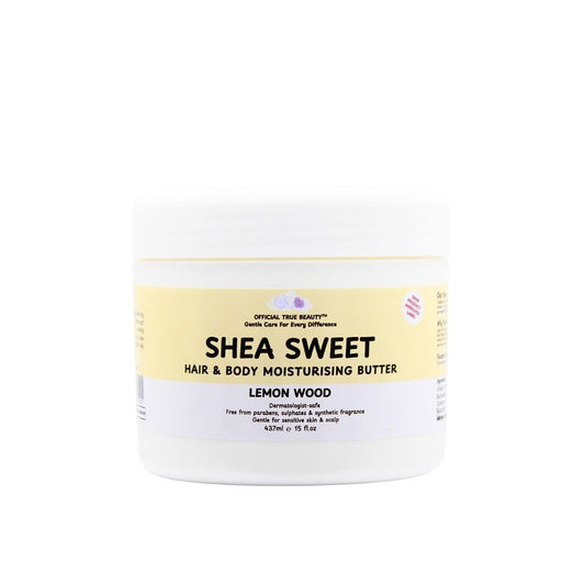 Official True Beauty Shea Sweet Hair & Body Moisturising Butter, lemon wood, 437ml white jar with yellow label.