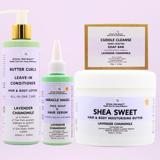 lavender chamomile Collection of hair care products including a leave-in conditioner butter curls, 100ml miracle magic serum, and 437ml shea sweet moisturising butter and cuddle cleanse on a purple background.