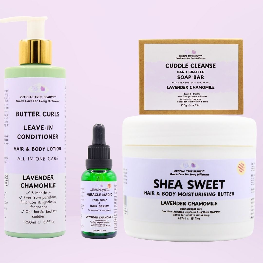 lavender chamomile Collection of hair care products including a leave-in conditioner butter curls, 30ml miracle magic serum, and 437ml shea sweet moisturising butter and cuddle cleanse on a purple background.