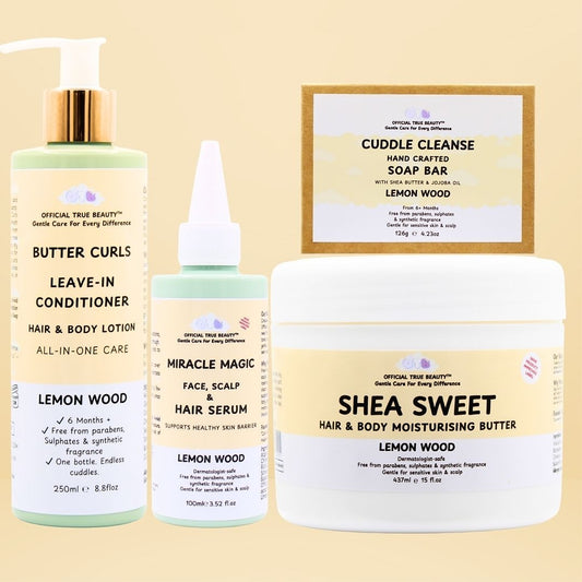 lemon wood Collection of hair care products including a leave-in conditioner butter curls, 100ml miracle magic serum, and 437ml shea sweet moisturising butter and cuddle cleanse on a yellow background.