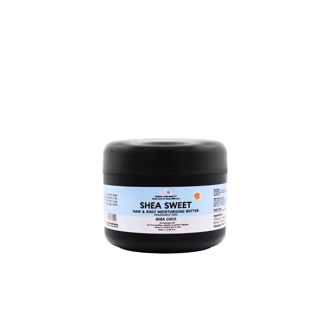 Official True Beauty Shea Sweet Hair & Body Moisturising Butter, fragrance-free, 150ml black jar with blue label.