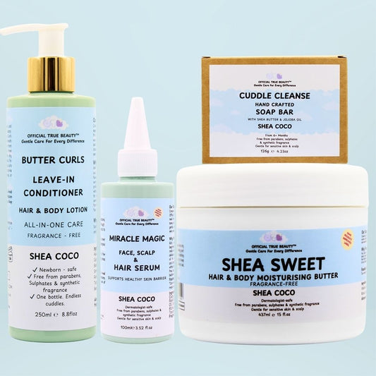 shea coco fragrance free Collection of hair care products including a leave-in conditioner butter curls, 100ml miracle magic serum, and 437ml shea sweet moisturising butter and cuddle cleanse on a blue background.