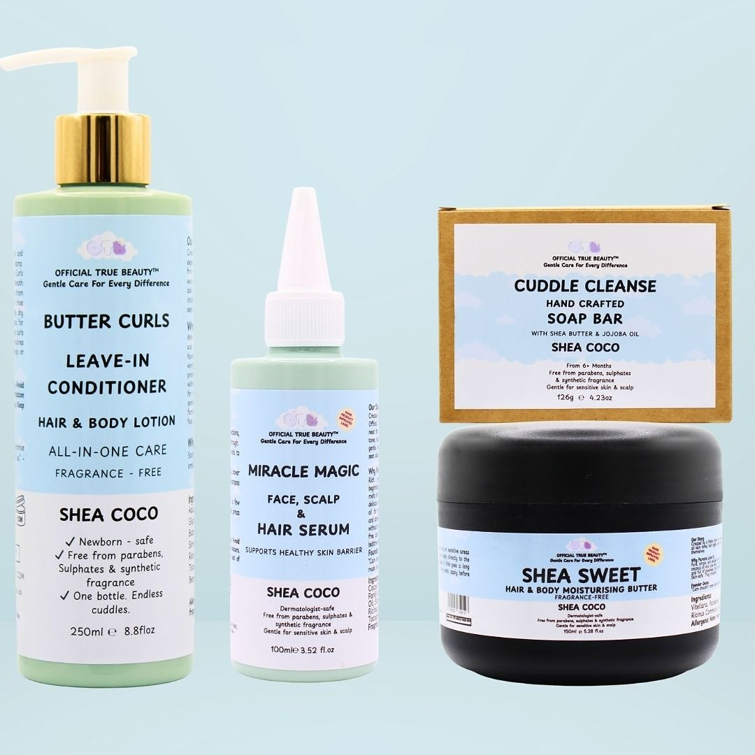 shea coco fragrance free Collection of hair care products including a leave-in conditioner butter curls, 100ml miracle magic serum, and 150ml shea sweet moisturising butter and cuddle cleanse on a blue background.