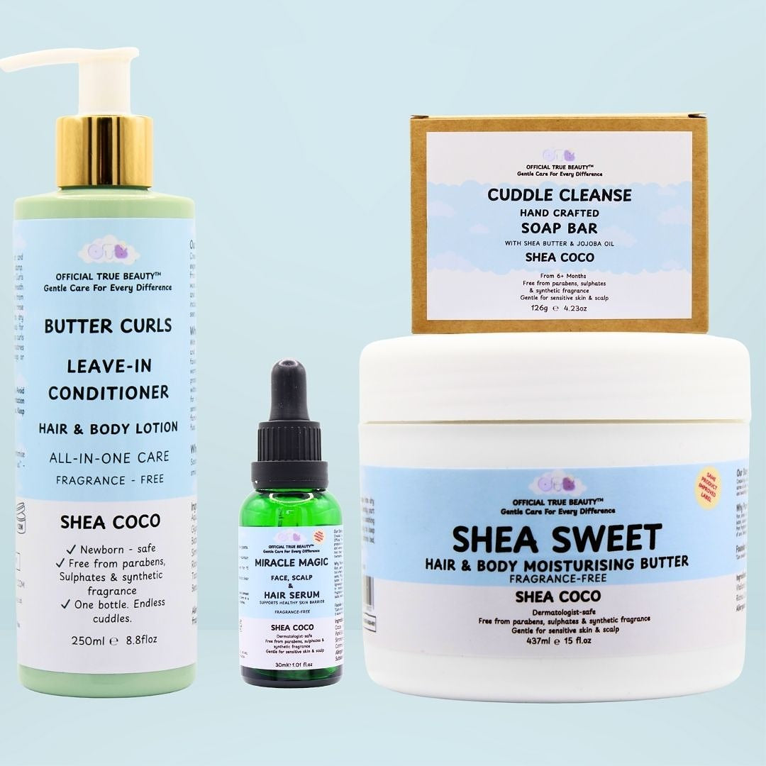 shea coco fragrance free Collection of hair care products including a leave-in conditioner butter curls, 30ml miracle magic serum, and 437ml shea sweet moisturising butter and cuddle cleanse on a blue background.
