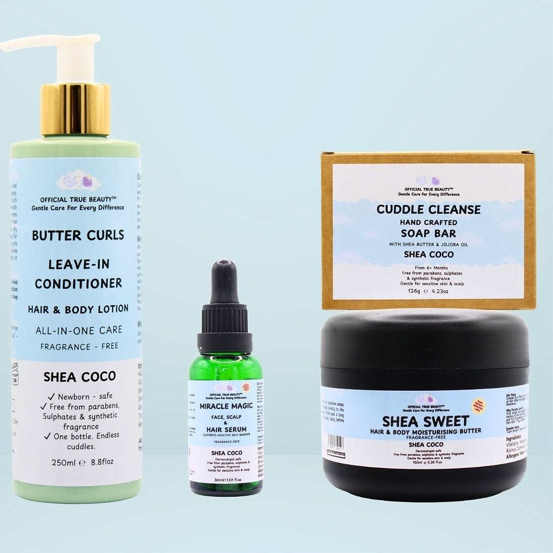 shea coco fragrance free Collection of hair care products including a leave-in conditioner butter curls, 30ml miracle magic serum, and 150ml shea sweet moisturising butter and cuddle cleanse on a blue background.