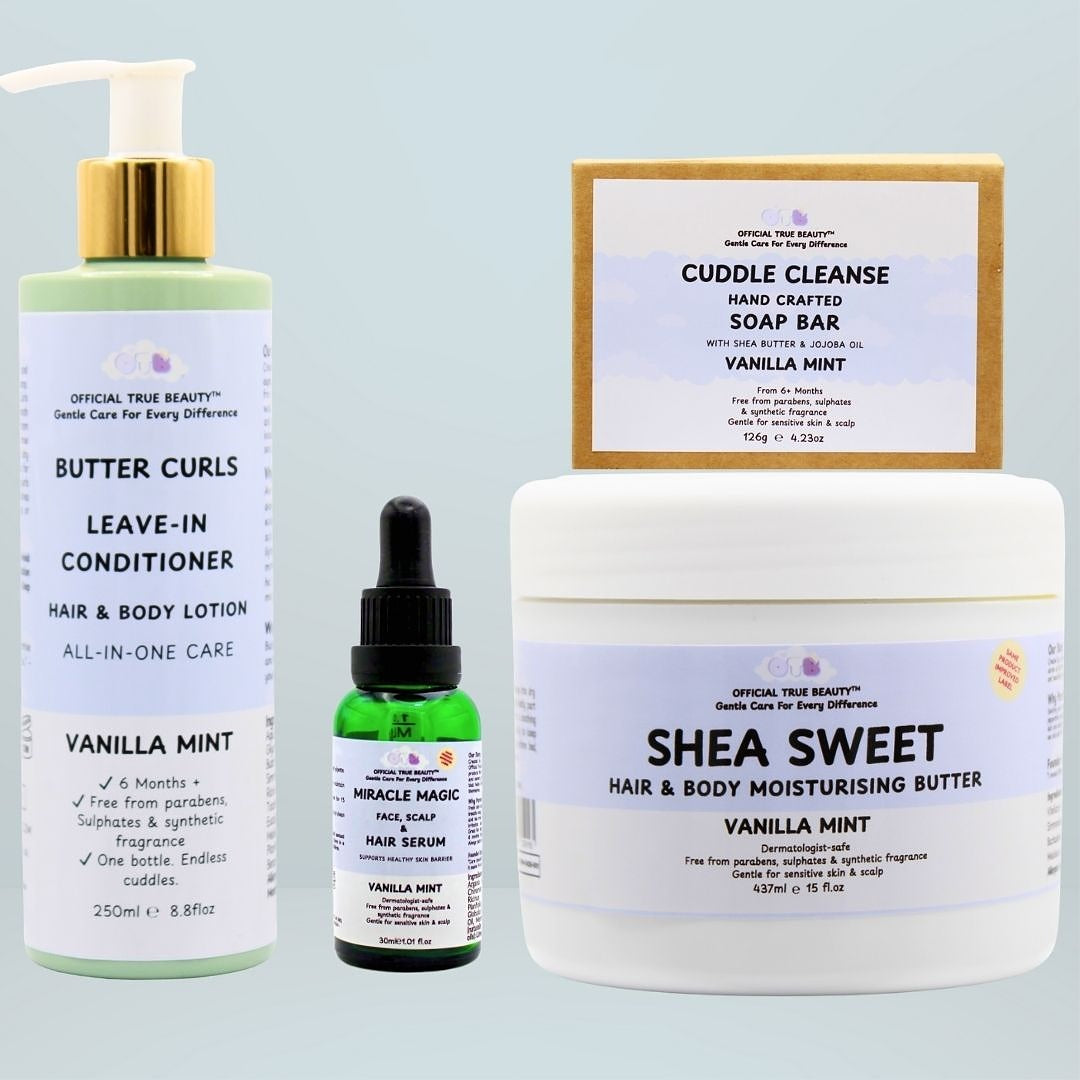 vanilla mint Collection of hair care products including a leave-in conditioner butter curls, 30ml miracle magic serum, and 437ml shea sweet moisturising butter and cuddle cleanse on a blue background.