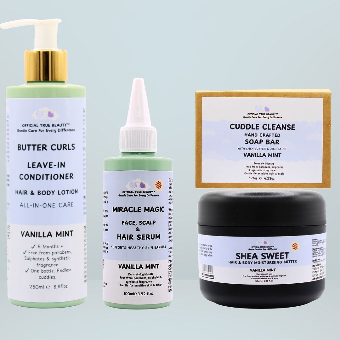 vanilla mint Collection of hair care products including a leave-in conditioner butter curls, 100ml miracle magic serum, and 150ml shea sweet moisturising butter and cuddle cleanse on a blue background.