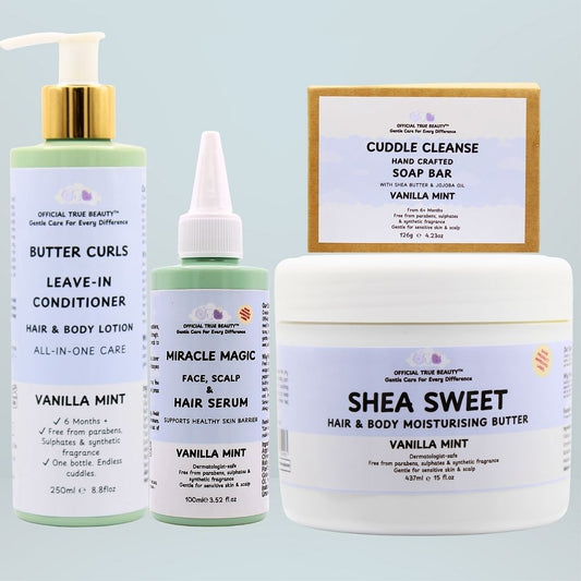vanilla mint Collection of hair care products including a leave-in conditioner butter curls, 100ml miracle magic serum, and 437ml shea sweet moisturising butter and cuddle cleanse on a blue background.