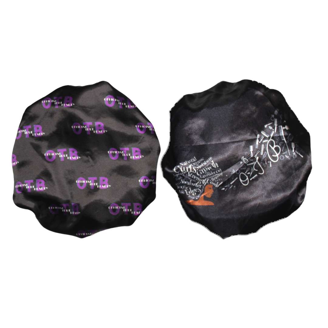 black silk bonnet with purple otb logo printed all around and the reverse side shows a womens face with an afro full of words associated with hair