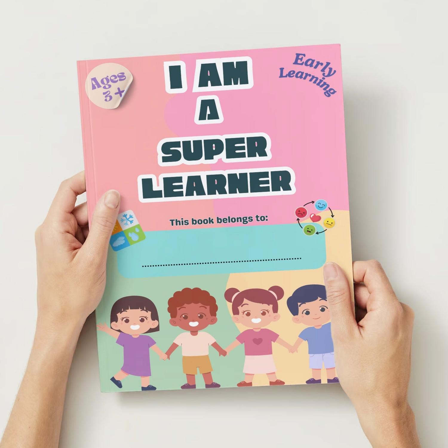 pink, orange, yellow and green background with i am a super learner in the middle in white and black font. otb logo printed at the bottom