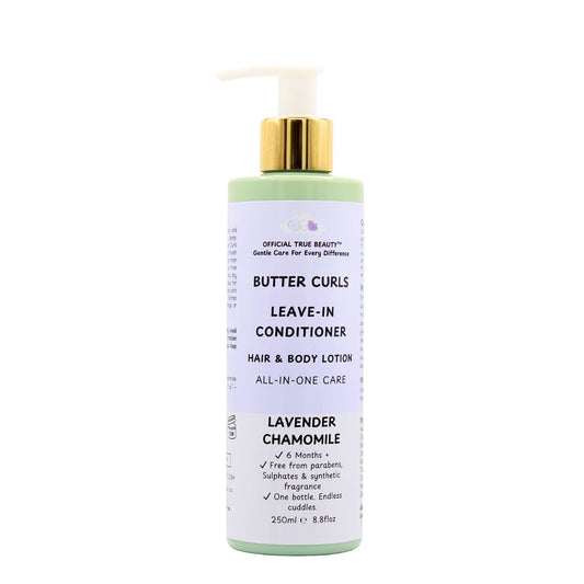 Official True Beauty Butter Curls Leave-In Conditioner & Hair and Body Lotion, Lavender Chamomile scent, 250ml pump bottle.