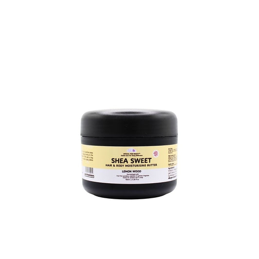Official True Beauty Shea Sweet Hair & Body Moisturising Butter, Lemon Wood, 150ml black jar with yellow label.