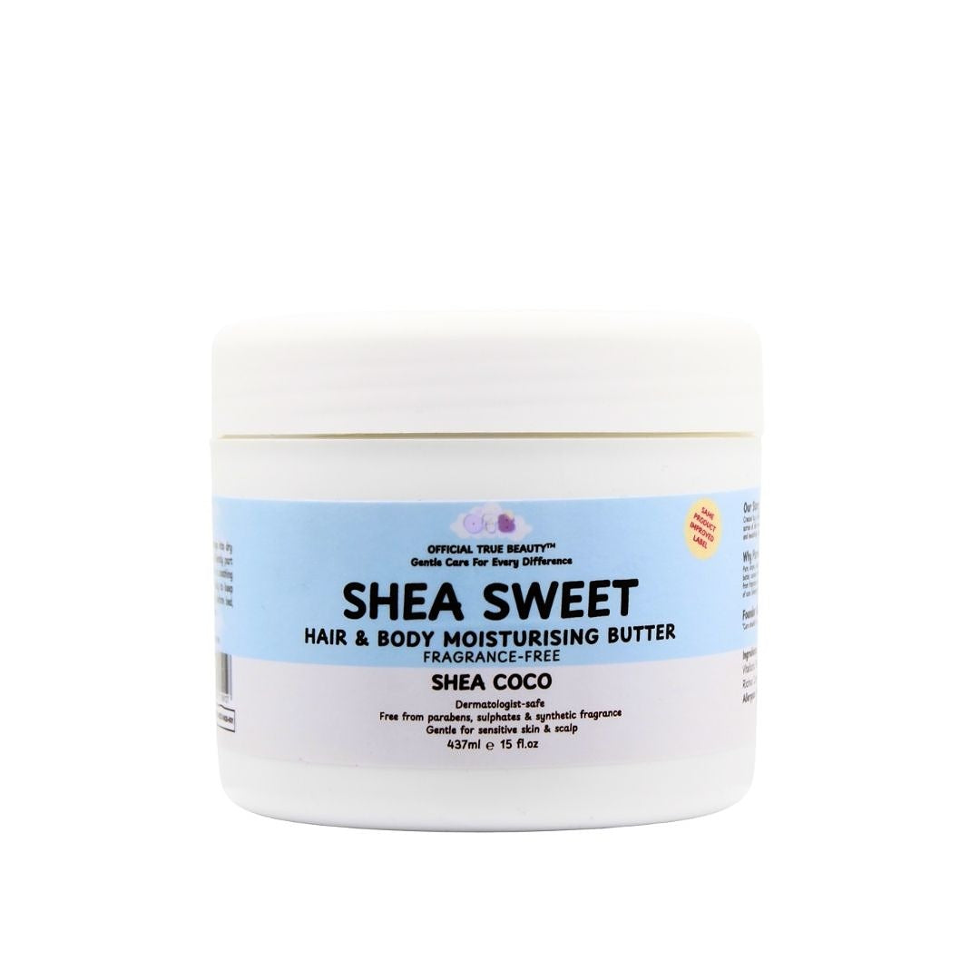 Official True Beauty Shea Sweet Hair & Body Moisturising Butter, fragrance-free, 437ml white jar with blue label.