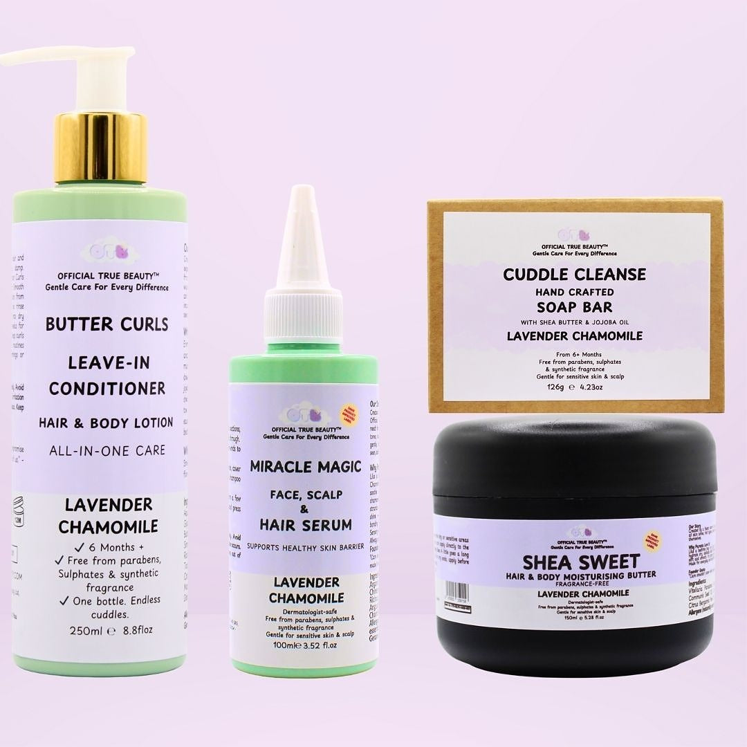 lavender chamomile Collection of hair care products including a leave-in conditioner butter curls, 100ml miracle magic serum, and 150ml shea sweet moisturising butter and cuddle cleanse on a purple background.