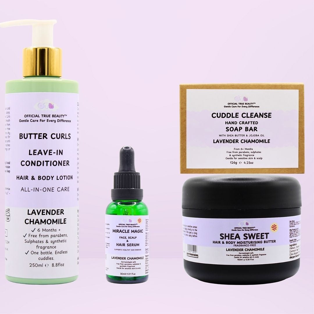 lavender chamomile Collection of hair care products including a leave-in conditioner butter curls, 30ml miracle magic serum, and 150ml shea sweet moisturising butter and cuddle cleanse on a purple background.