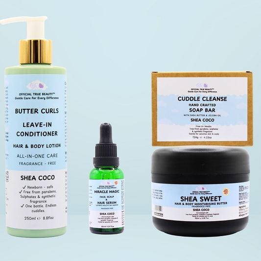 shea coco fragrance free Collection of hair care products including a leave-in conditioner butter curls, 30ml miracle magic serum, and 150ml shea sweet moisturising butter and cuddle cleanse on a blue background.