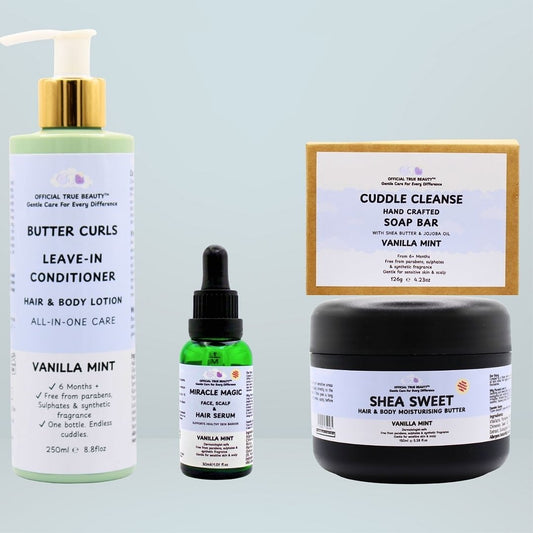 vanilla mint Collection of hair care products including a leave-in conditioner butter curls, 30ml miracle magic serum, and 150ml shea sweet moisturising butter and cuddle cleanse on a blue background.