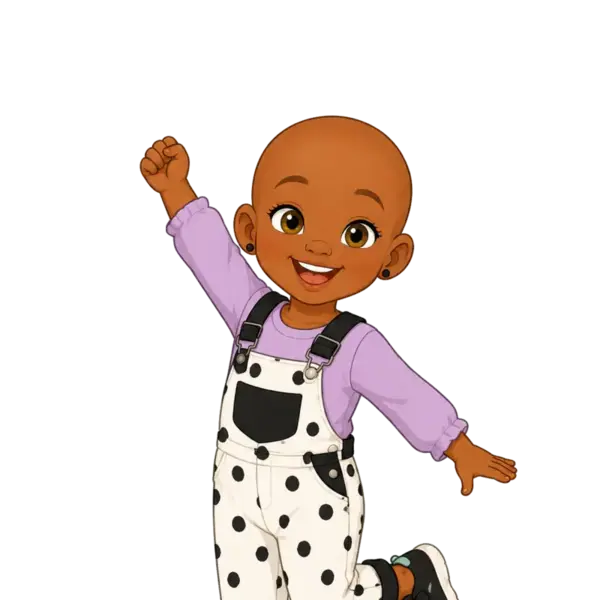 Joy, age four, with dark brown skin, hazel eyes and alopecia.