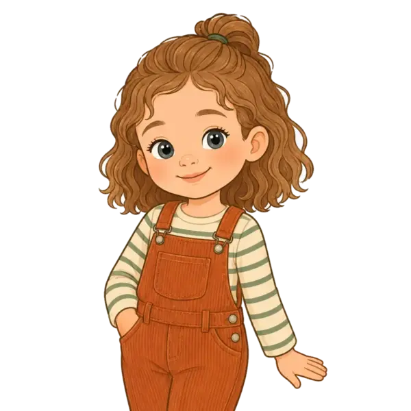 Kaya, age three, with fair rosy skin, grey-blue eyes and fine Type 2 wavy chestnut hair with gentle thinning around her hairline.