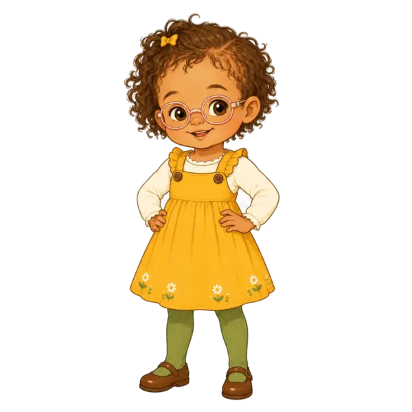 Mable, age four, with olive skin, brown eyes, glasses and Type 2 wavy hair.