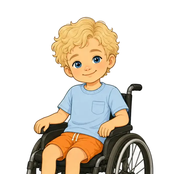 Noah, age five, with fair skin, blue eyes and Type 2 blonde hair, using a wheelchair.