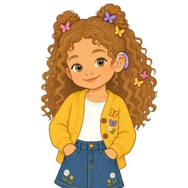 Treasure, age four, with fair skin, hazel eyes, freckles, a hearing aid and light honey-brown Type 4 curls.