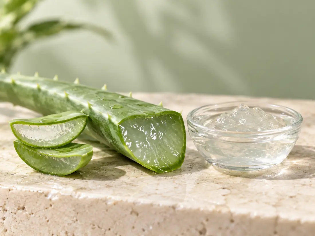 Fresh aloe vera leaves and clear aloe gel