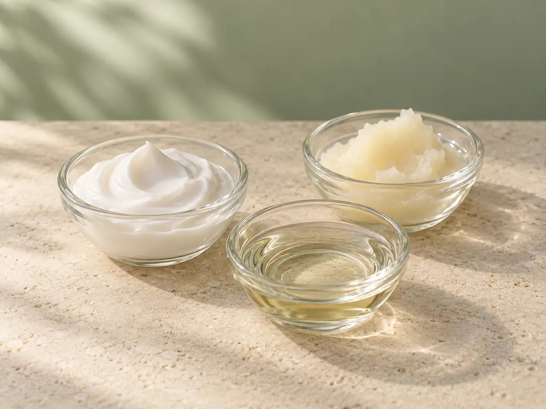 A selection of butter, balm and plant-oil textures used across Our Tiny Blends
