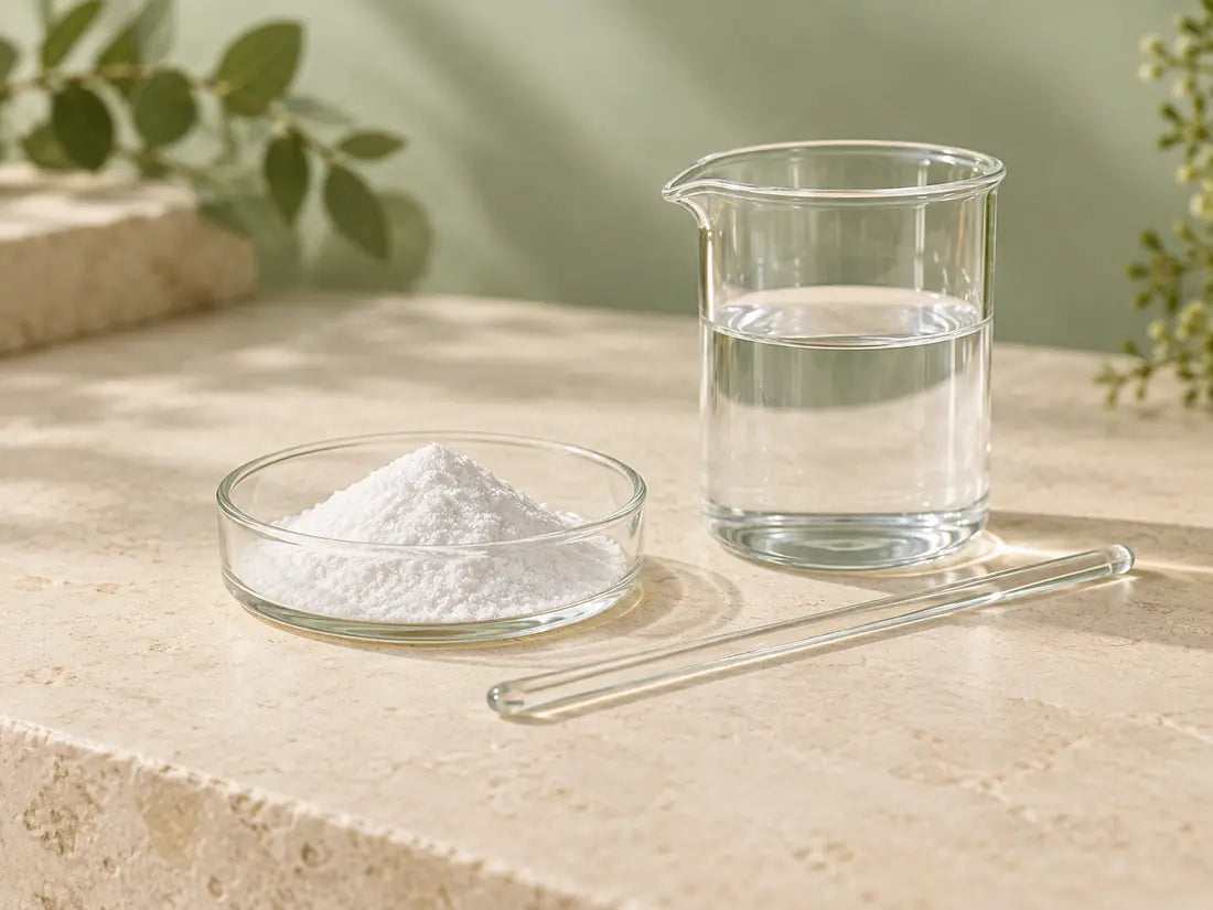 A cosmetic preservative powder shown in a clean laboratory-style still life