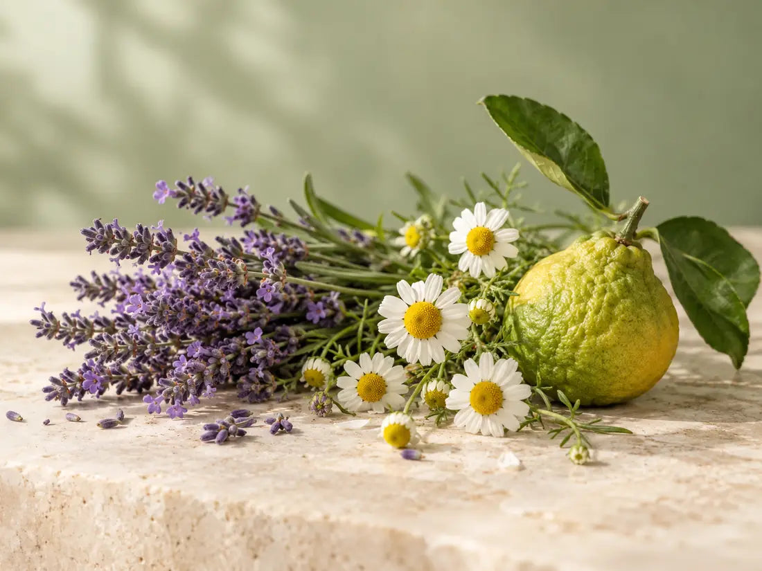 Lavender flowers, chamomile flowers and bergamot fruit