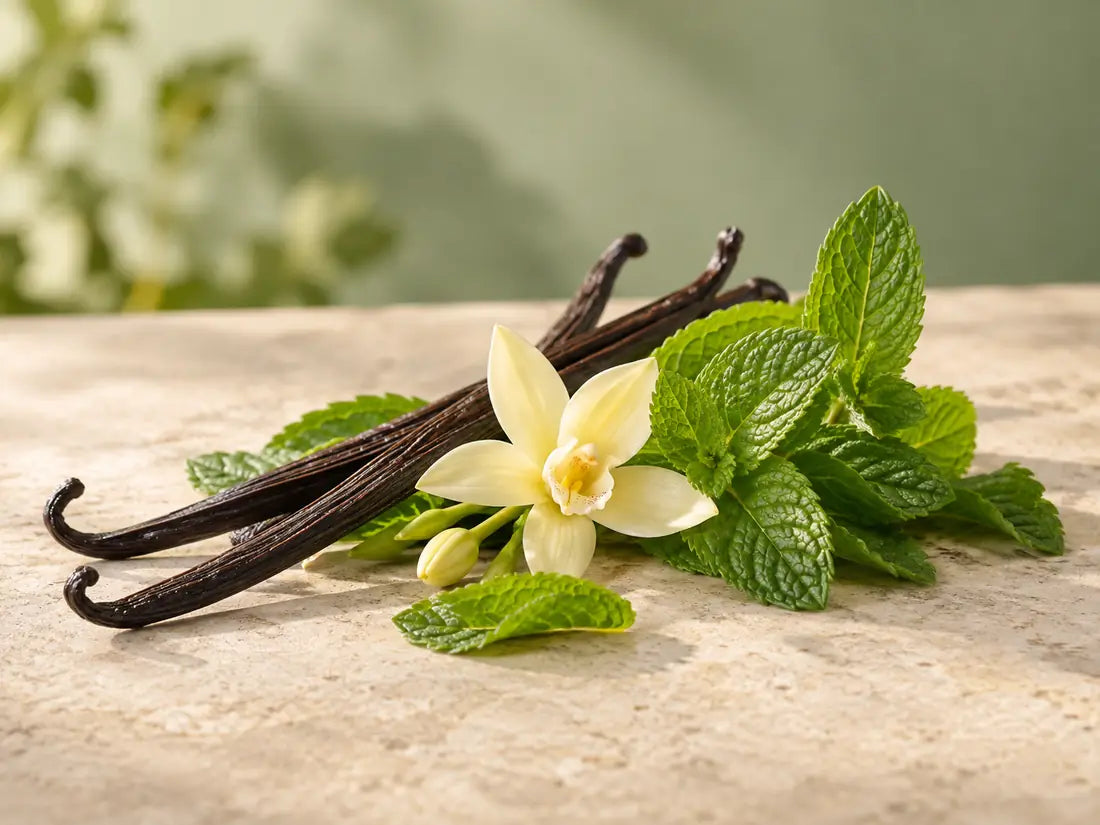 Vanilla pods and blossom with peppermint and green aromatic leaves