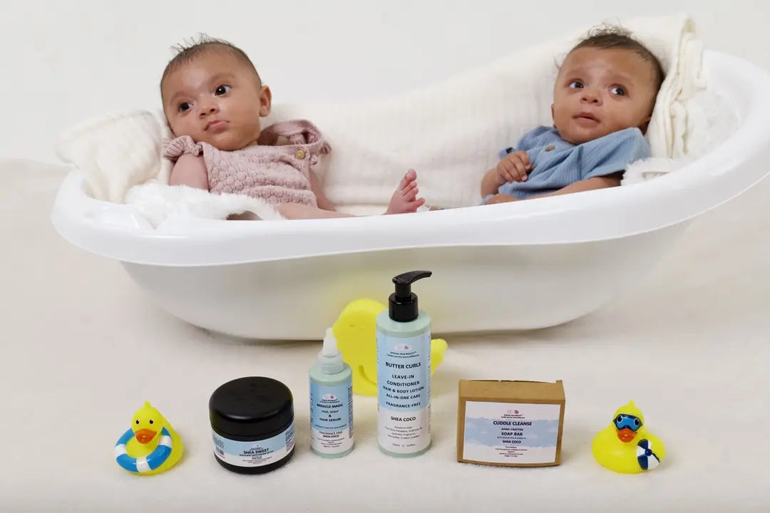 Babies at bath time with family-care products nearby.